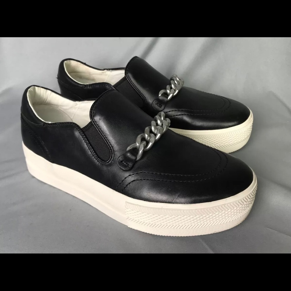 Women’s Ash Joe Chain-Link Platform Black Leather Slip On Sneakers Sz US 8